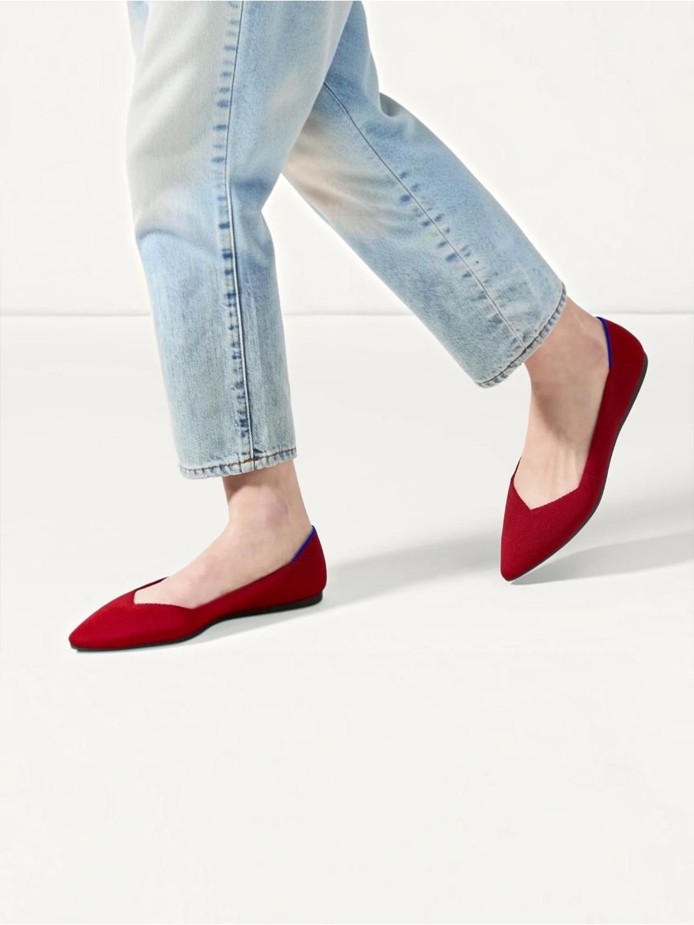 Rothy's Red Pointed Knit Flats with Blue Trim